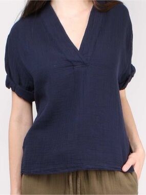 Xirena Avery Cotton Gauze Top V Neck Textured Blue Size S